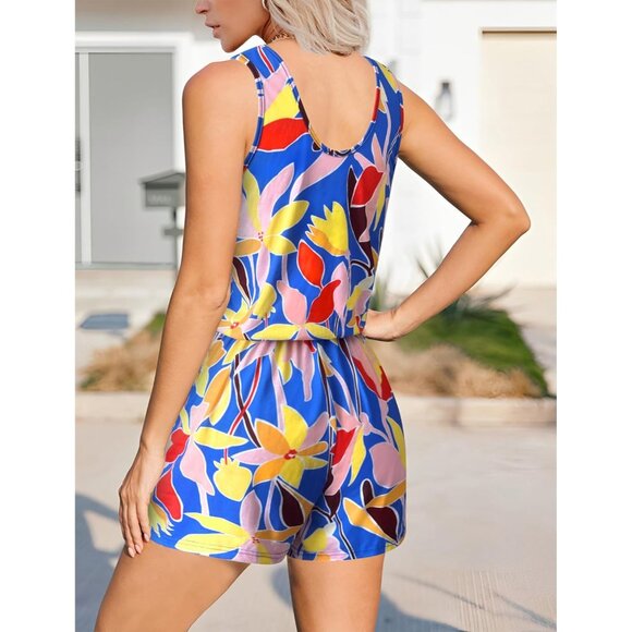 🆕 Women Blue Summer Solid Jumpsuit Loose Sleeveless Short Soft Romper Pocket - Picture 3 of 6